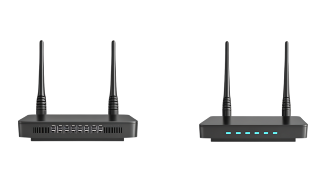 Pack Wireless Router Set in Different Poses Against Transparent Background for Technology Marketing, Internet Branding, or Smart Home Designs