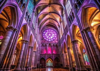 Gothic Cathedral Interior, Purple Light, Stained Glass Rose Window, Architectural Detail, Religious Building