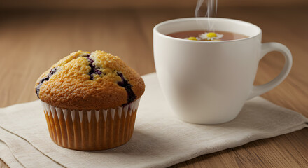 Aromatic Herbal Tea With Steaming Cup And Delicious Blueberry Muffin