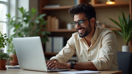 Smiling indian business man working on laptop at home office. Young indian student or remote teacher using computer remote studying, virtual training, watching online education webinar at home office