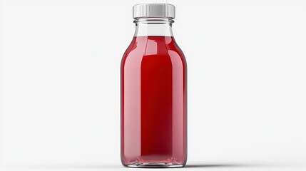 Clear glass bottle filled with red liquid, isolated on white background.