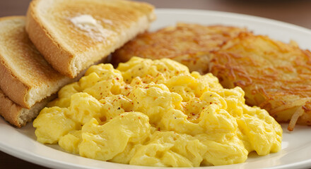 Breakfast Plate Featuring Fluffy Scrambled Eggs Hash Browns and Toast