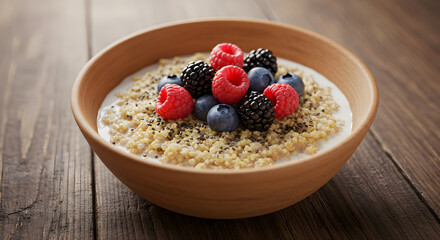 Healthy Quinoa Porridge with Berries and Almond Milk Still Life Image