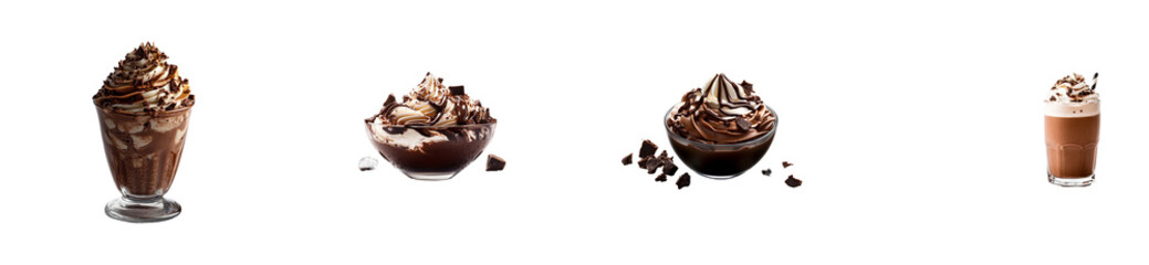 Chocolate desserts with whipped cream on a clear background