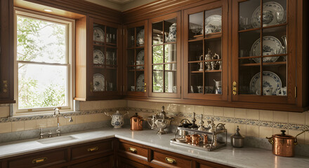 Victorian Butler's Pantry with Glass Front Cabinets and Marble Countertops