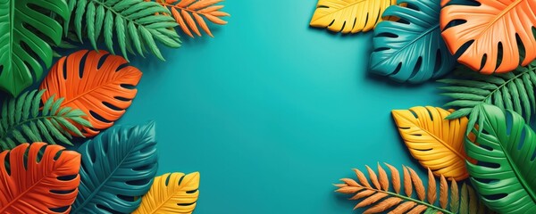 Naklejka premium Tropical palm leaf pattern design. Colorful leaves art arrangement background. Summer background. Design element for posters, banners, invitations, social media templates.