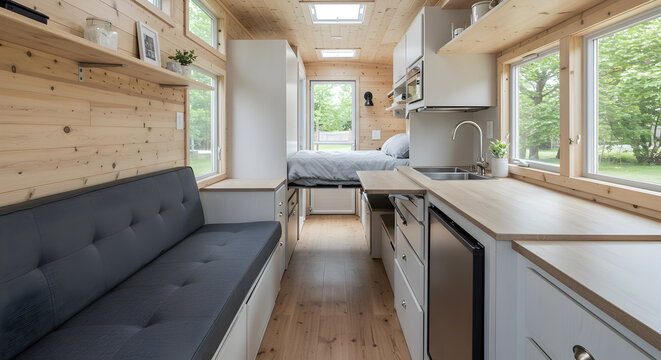 Bright Interior Design of a Compact Tiny House with Modern Features