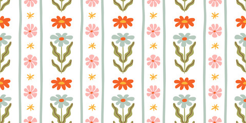 Colorful vintage flower art seamless pattern illustration. Retro nature floral background in hand drawn style. Spring season decoration texture, nature textile drawing print.