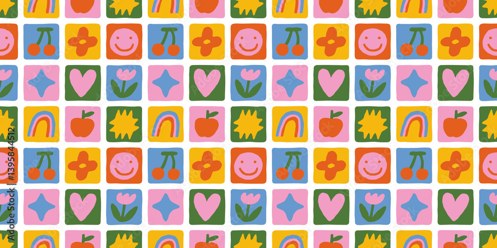 Poster fun colorful geometric shape seamless pattern. abstract retro children style art background for kids
