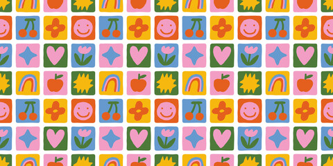 Fun colorful geometric shape seamless pattern. Abstract retro children style art background for kids, trendy design with geometry mosaic shapes. Simple childish patchwork wallpaper texture.	