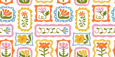 Colorful floral seamless pattern illustration. Vintage style flower frame background design. Geometric natural wallpaper print, spring season nature backdrop texture with flowers.	
