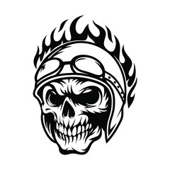 Skull Biker with Flames Helmet, Racer Skeleton Rider Mascot, Vintage Motorbike, Tattoo