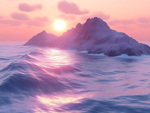 Pink sunset over snow-capped mountains and ocean waves.