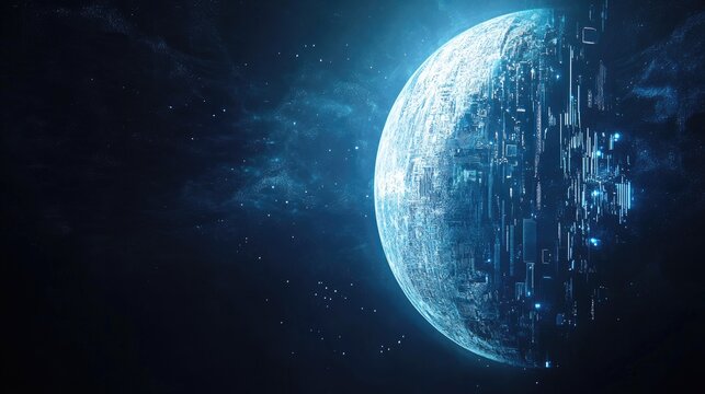 Futuristic planet, digitally enhanced, with a technological interface