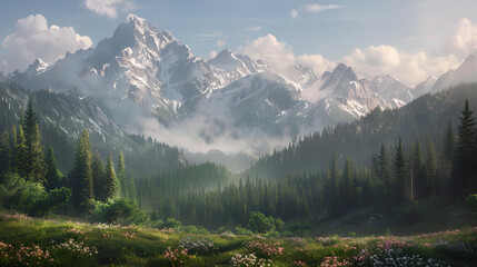 A scenic view of snow capped mountains with forests and meadows under a bright cloudy sky day light .