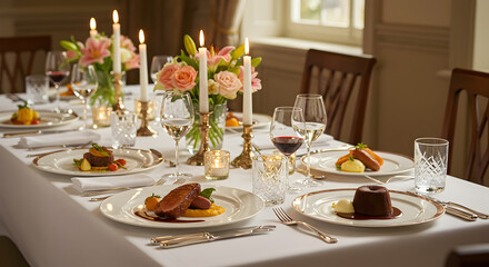 Fototapeta premium Elegant Candlelit Dinner Setting With Gourmet Cuisine and Fine Glassware