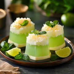 Delicious green jelly dessert with coconut and mint on a rustic wooden plate in a bright kitchen