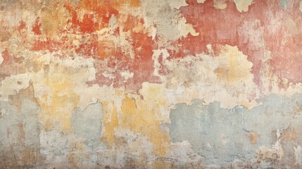 Ancient Roman fresco with cracked plaster, soft reds and yellows, architectural decoration