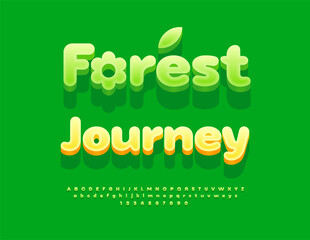 Vector Creative template Forest Journey. Green Isometric Font. Bright Decorative Alphabet Letters and Numbers set.