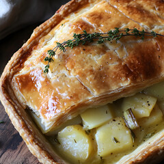 Savory pastry filled with creamy potatoes and herbs served on a rustic wooden table