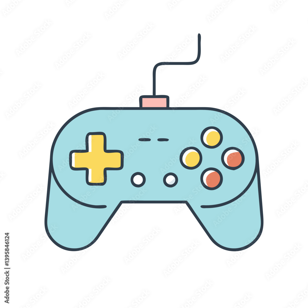 Poster blue video game controller with plus and circle buttons for console gaming and entertainment system 