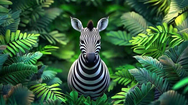 A zebra standing amidst lush green foliage, showcasing its striking stripes in a vibrant jungle