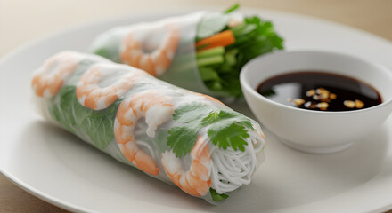 Exquisite Fresh Summer Rolls With Shrimp And Dipping Sauce Still Life