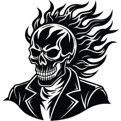 Skull with Flames and Chain Bold Line Art, Monochrome Creepy Design Element