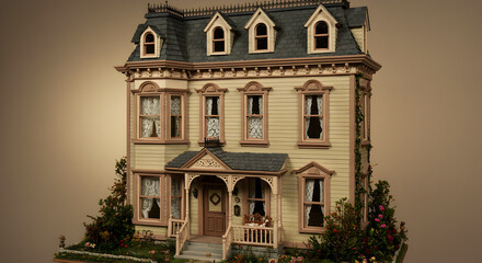Victorian Dollhouse With Miniature Gables And Delicate Lace Curtains