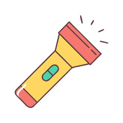 Cartoon flashlight vector illustration: bright light, emergency tool, portable lamp for camping and hiking gear
