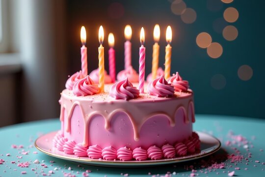 Pink birthday cake with sparkling candles and glittering sparkles, decoration, celebration, confectionery - Powered by Adobe