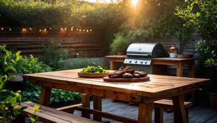 Cozy backyard barbecue setup under gentle sunlight