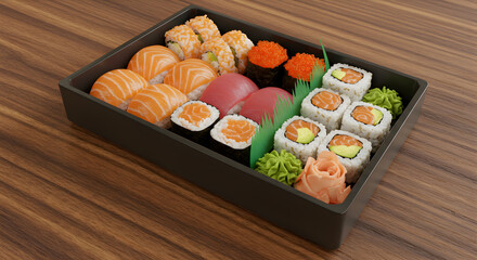 Exquisite Fresh Sushi Bento Box On Wooden Tabletop Ready To Eat
