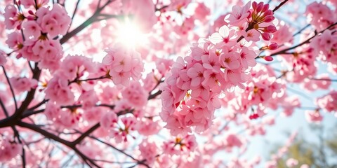 Obraz premium Pink cherry blossoms in full bloom, sunlight filtering through branches, flowers, landscape