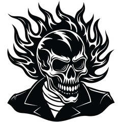 Skull in Helmet with Flames, Black and White Biker Illustration, Intricate Lines,