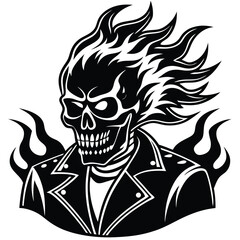 Skull with Flames Biker, Wearing Leather Jacket, Monochrome Design, Detailed