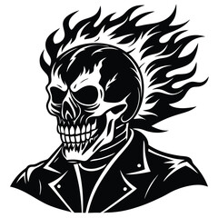 Skull With Helmet And Goggles Surrounded by Fire, Black & White, High Contrast Design