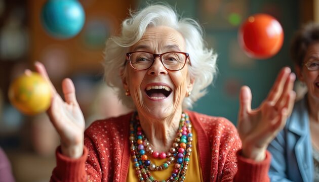 Happy senior woman with joy, excitement plays bingo in community, smiles, enjoys a fun social activity. Cheerful elderly lady in eyeglasses having fun. Happy retirement lifestyle.