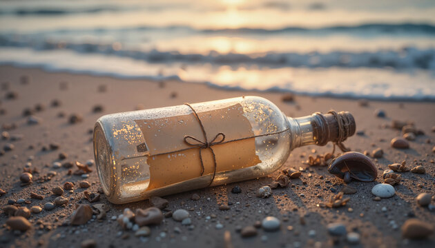 Love Letter in a Bottle on Sandy Beach at Sunset  