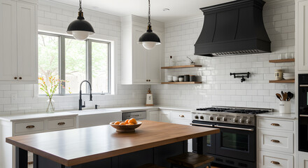 Fototapeta premium Stylish Urban Farmhouse Kitchen With Black Fixtures and White Tiles