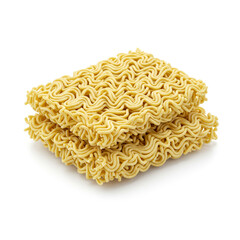 Golden waves of instant noodles, ready for a quick and delicious meal, stacked neatly against a bright white background.