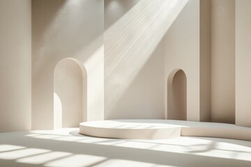 Foggy Stage Illuminated by Distant Light Creates an Ethereal Atmosphere for Performances or Artistic Presentations