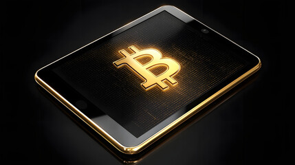 Digital Gold: Bitcoin symbol on a sleek tablet, an evocative illustration of digital currency. Its golden hue radiates innovation, reflecting the transformative power of the cryptocurrency.