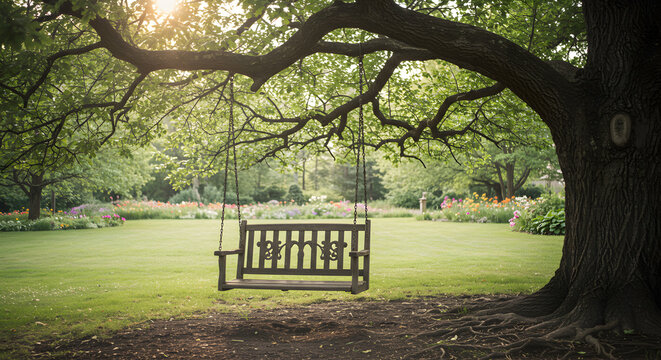 Vintage Garden Swing Hanging Under Ancient Oak Tree In Summer - Powered by Adobe