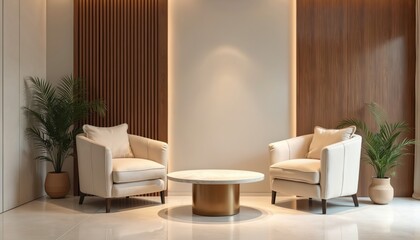 Modern clinic waiting area with comfortable seating. Luxury interior design, inviting ambiance. Empty space for reception, health services. Wellness, spa, relaxation area. Neutral colors, nobody.