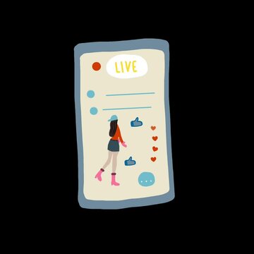 Animated influencer girl live streaming with smartphone in playful and colorful cartoon style
