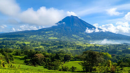  Majestic Mountain and Lush Landscape: A striking mountain, majestically framed by vibrant greenery under a clear, sunlit sky, showcases the raw, untamed beauty of the natural world.