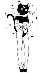 Stylish woman with a cat head silhouette. Unique vector clipart for fashion, t-shirts, stickers