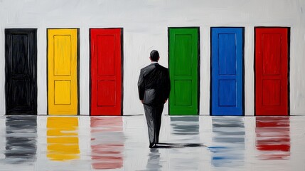 Man in Suit Standing Before Colorful Doors in Abstract Setting