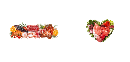 Seafood and meat composition, heart shape meal, cut out transparent